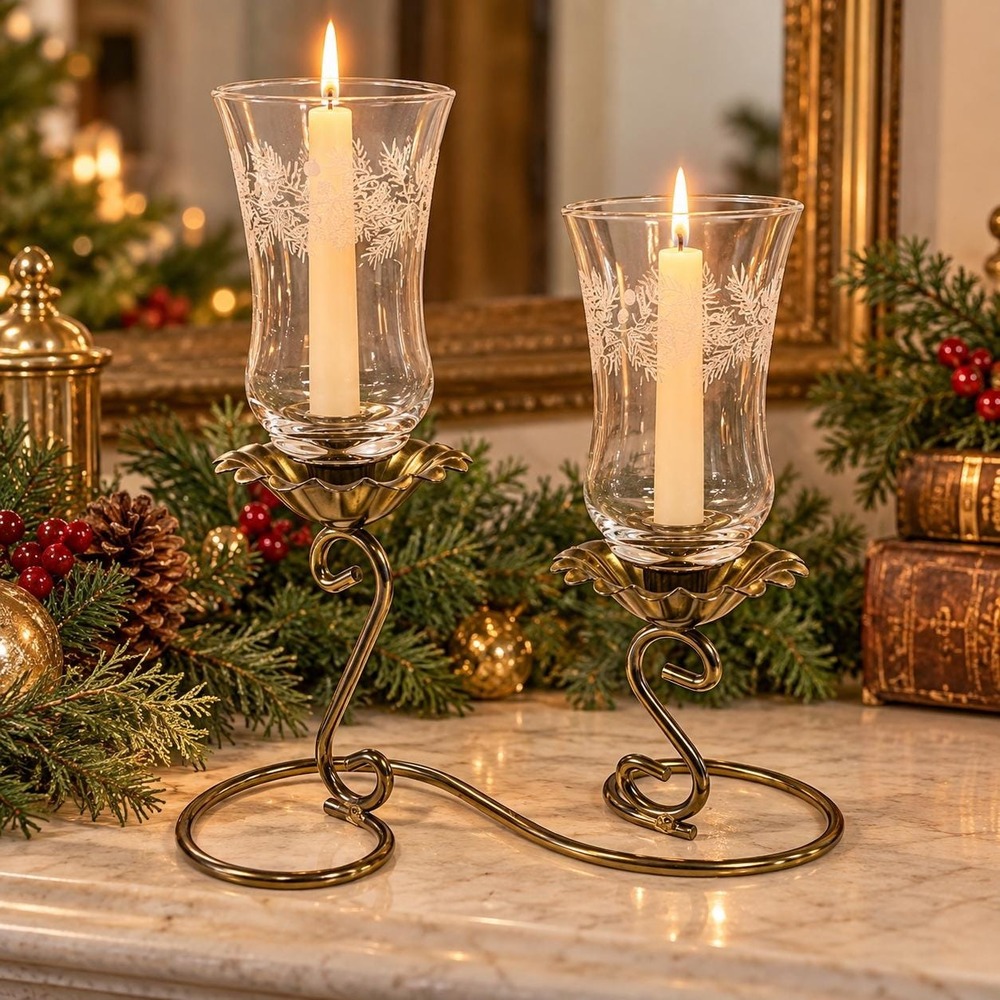 Vintage Christmas Candle Holders Pair Etched Holly Glass Brass Tone Taper Candle